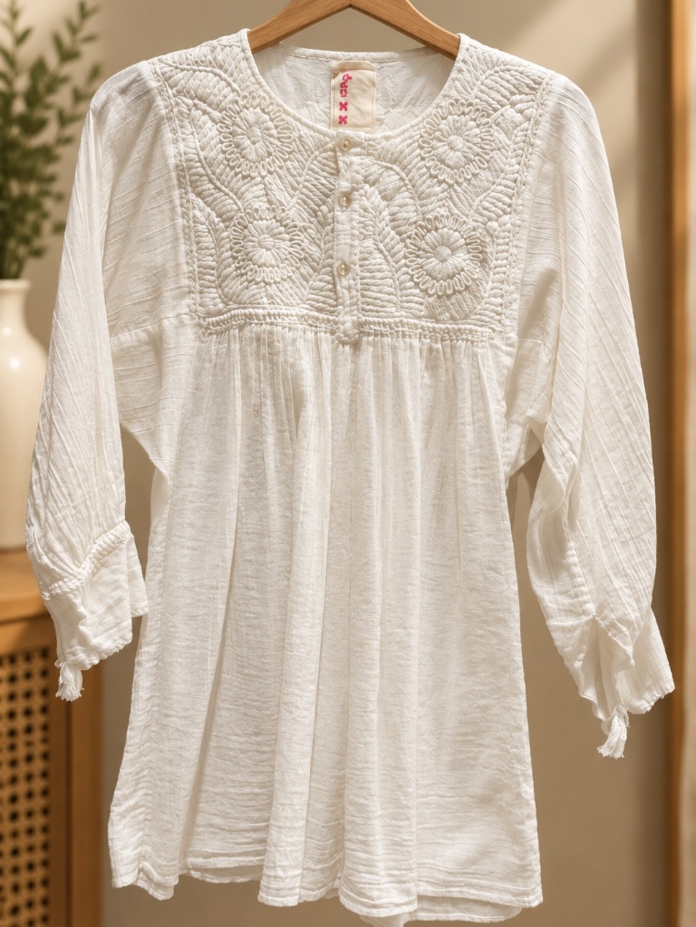 White Embroidered Boho Tunic Blouse Long Sleeve Peasant Top